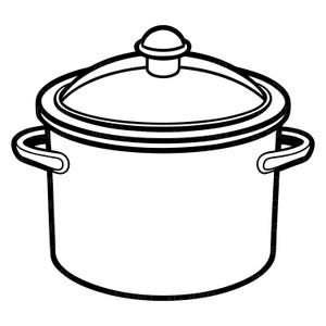 Op de afbeelding: Een zwart-wit lijntekening van een kookpan met deksel. De pan heeft twee handvatten aan de zijkanten en een centrale knop op het deksel. Het ontwerp is weergegeven met dikke, duidelijke lijnen, wat een eenvoudige grafische weergave vormt.