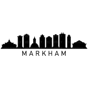 May include: Black silhouette of the Markham, Ontario skyline against a white background. The image features various building shapes and the city name in a bold, sans-serif font below the skyline.