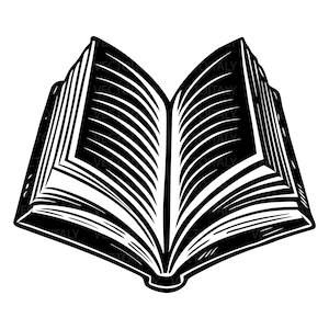 Puede incluir: Ilustración en blanco y negro de un libro abierto. Las páginas están desplegadas, con líneas que representan el texto. La portada y el lomo también son visibles, creando una representación detallada de un libro.