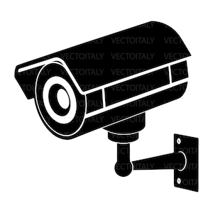 May include: A black and white illustration of a security camera. The camera is mounted on a wall bracket and has a cylindrical body with a lens. The design is a simple, graphic style, suitable for various applications.