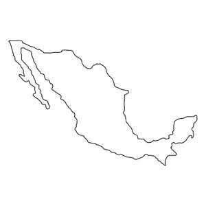 Può includere: Un contorno nero e bianco del paese del Messico. L'immagine mostra la forma geografica del Messico, compresi i suoi confini e le aree circostanti. Il design è pulito e minimalista.