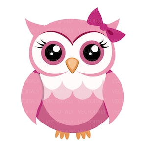 May include: A cartoon owl illustration featuring a pink body, a white chest, and large black eyes with long eyelashes. The owl has a light orange beak, small orange feet, and a dark pink bow attached to the top right side of its head.