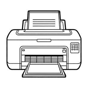 Può includere: Un'illustrazione in bianco e nero a tratto di una stampante da scrivania. Il dispositivo presenta un vassoio di alimentazione della carta in alto con un documento a linee orizzontali, un vassoio di uscita centrale e un pannello di controllo.