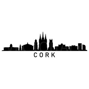 Può includere: Silhouette in bianco e nero dello skyline di Cork, Irlanda, con la Cattedrale di San Fin Barre e altri edifici. Il nome della città "CORK" è scritto sotto lo skyline.