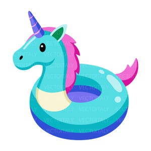Può includere: Un salvagente gonfiabile turchese a forma di unicorno con criniera e coda rosa brillante. La testa dell'unicorno presenta un corno viola con strisce diagonali, un petto color crema e una base circolare blu con riflessi bianchi.
