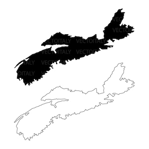 May include: Two black and white illustrations of the Canadian province of Nova Scotia. One is a solid black silhouette, and the other is a black outline. The word "VECTOITALY" is repeated across the top of the image.