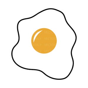 Può includere: Un'illustrazione vettoriale di un uovo fritto. L'albume è delineato in nero, con un tuorlo giallo al centro. Il tuorlo ha un riflesso bianco. L'immagine è su sfondo bianco.