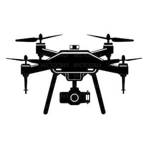 Può includere: Illustrazione di un drone nero con quattro eliche, una fotocamera e carrello di atterraggio. Il drone ha il testo "VECTOITALY". L'immagine è una grafica vettoriale, ideale per il design digitale o la stampa.