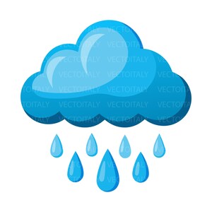 Könnte beinhalten: Eine stilisierte blaue Wolkengrafik mit glänzender Oberfläche und hellblauen Highlights, die sieben einzelne blaue, tropfenförmige Regentropfen zeigt, die von der Unterkante der Wolke vor einem schlichten weißen Hintergrund fallen.