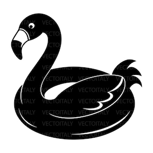 May include: A black and white graphic illustration of a flamingo-shaped pool float. The design features a solid black silhouette of the bird with a curved neck, a distinct beak, a rounded body, and stylized wing and tail feathers in a flat style.
