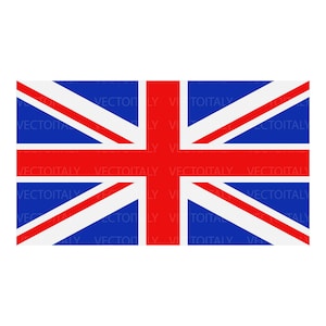 Può includere: Una bandiera rettangolare con il design della Union Jack. La bandiera ha uno sfondo blu con strisce rosse e bianche diagonali e orizzontali. Il testo "VECTOITALY" è ripetuto sulla bandiera.