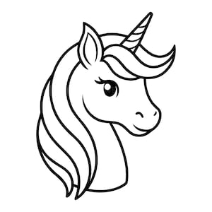 Pode incluir: Ilustração a preto e branco da cabeça de um unicórnio. O unicórnio tem uma crina detalhada, um chifre em espiral e uma expressão amigável. O design é simples e adequado para várias aplicações.