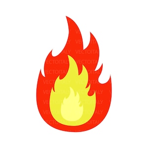 May include: A red and yellow flame illustration. The flame is stylized with a pointed tip and a rounded base.