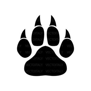 Könnte beinhalten: Schwarze Silhouette eines Pfotenabdrucks mit vier Zehen und einem großen Ballen in der Mitte.