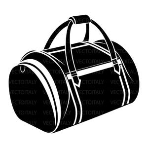 May include: Black and white duffel bag with a rounded shape. The bag has two handles and a shoulder strap. White stripes and accents are visible on the sides. The text "VECTOITALY" is repeated across the bag.