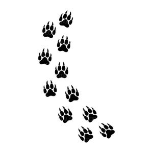 Puede incluir: Una serie de huellas de patas de oso negro sobre un fondo blanco. Las huellas están dispuestas en diagonal, comenzando en la parte superior izquierda y terminando en la parte inferior derecha.