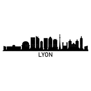 May include: Black and white silhouette of the Lyon skyline, featuring several tall buildings and a tower. The text "LYON" is below the skyline.