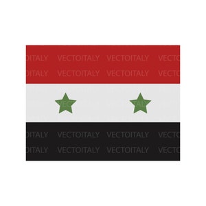 May include: The flag of Syria, a horizontal tricolour of red, white, and black with two green five-pointed stars in the center white band.
