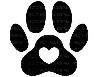 Könnte beinhalten: Ein schwarzer Pfotenabdruck mit einem weißen Herzen in der Mitte. Der Pfotenabdruck ist eine Silhouette, mit dem Text "VECTOITALY" wiederholt an den Rändern. Das Design befindet sich auf weißem Hintergrund.
