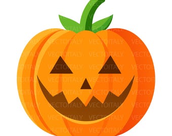 May include: A cartoon-style orange pumpkin with a carved face, perfect for Halloween. The pumpkin has triangular eyes, a triangular nose, and a wide, toothy grin. It features a green stem and leaves.