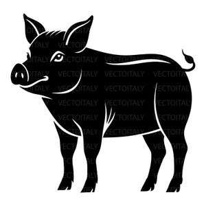 May include: A black and white illustration of a pig in a standing pose. The pig is a silhouette with white accent lines. The image has the text "VECTOITALY" repeated across the image.