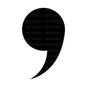 May include: A black comma graphic on a white background. The comma is a solid shape with a rounded top and a curved tail. The text "VECTOITALY" is repeated across the comma.