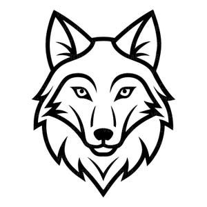 Può includere: Un'illustrazione grafica in bianco e nero di una testa di lupo rivolta in avanti. Il design presenta linee spesse e nette che delineano le orecchie a punta, gli occhi a mandorla, un piccolo naso e un folto pelo strutturato sul collo.