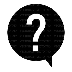 Puede incluir: Un bocadillo negro con un signo de interrogación blanco en su interior. El fondo del bocadillo está lleno con el texto "VECTOITALY". El signo de interrogación es un diseño simple y audaz.