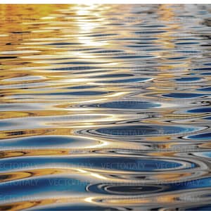 May include: Abstract image of water with rippling waves. The water's surface reflects golden sunlight and blue sky, creating a dynamic interplay of light and shadow. The overall effect is a sense of tranquility and natural beauty.