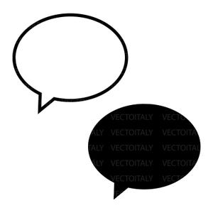 Peut inclure: Deux bulles de dialogue, l'une noire en contour et l'autre noire pleine, sur fond blanc. La bulle en contour est vide, tandis que la bulle pleine contient le texte "VECTOITALY" répété.