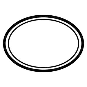 Può includere: Una cornice ovale in bianco e nero con un bordo doppio. Lo spazio interno è bianco e la cornice è nera piena. Il design è semplice e pulito, adatto a varie applicazioni.