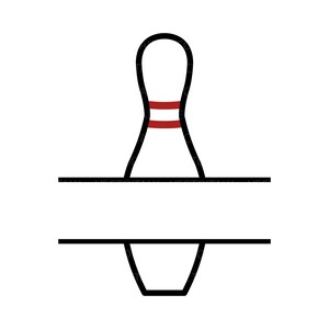 May include: Black and white outline of a bowling pin with a red stripe around the middle. The pin is split in half horizontally with a blank space for text.