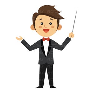 Può includere: Un'illustrazione a cartoni animati di un direttore d'orchestra che indossa uno smoking grigio scuro con camicia bianca, bottoni neri e papillon rosso. La figura ha capelli castani, un'espressione sorridente e tiene in mano una bacchetta.