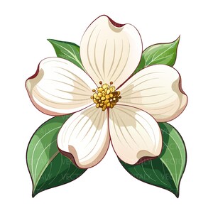 Può includere: Un'illustrazione di un fiore di corniolo bianco con quattro petali dentellati con sfumature sottili, un centro giallo dorato strutturato e diverse foglie verdi appuntite con venature visibili disposte attorno alla base.