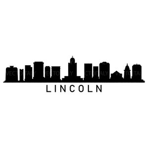 May include: Black and white silhouette of the Lincoln, Nebraska skyline. The tallest building is in the center of the skyline. The text "LINCOLN" is below the skyline.