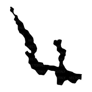 Può includere: Silhouette nera di un lago dalla forma irregolare, su sfondo bianco. Il testo "VECTOITALY" è ripetuto attorno al contorno del lago. L'immagine è un'illustrazione vettoriale.