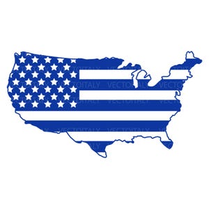 May include: A blue and white graphic of the United States map, stylized with the American flag design. The stars are in the upper left corner, and the stripes run horizontally across the map. The outline of the country is in blue.