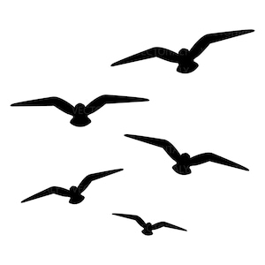 Può includere: Silhouette di cinque gabbiani neri in volo su sfondo bianco. Gli uccelli sono raffigurati con le ali spiegate, suggerendo movimento e libertà. L'immagine è una semplice rappresentazione grafica della natura.