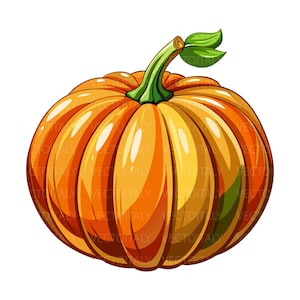 Può includere: Una zucca arancione brillante con un gambo verde e due foglie verdi. La zucca ha delle scanalature verticali e una finitura lucida, ideale per le decorazioni autunnali.