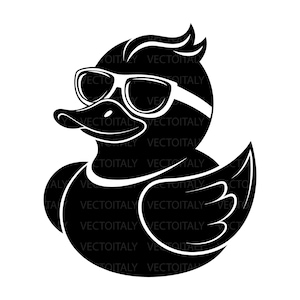 Può includere: Grafica in bianco e nero di una papera di gomma con occhiali da sole. L'anatra ha un'acconciatura elegante e un contorno bianco, che le conferisce un aspetto moderno e cool. È un'illustrazione vettoriale.