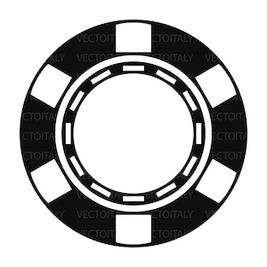 Può includere: Design di chip da casinò in bianco e nero. Il chip ha una forma circolare con un centro bianco e accenti rettangolari bianchi sul bordo. Il testo "VECTOITALY" è ripetuto attorno al perimetro del chip.