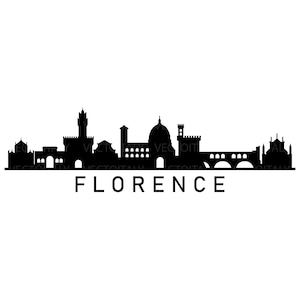 Puede incluir: Silueta en blanco y negro del horizonte de Florencia, con edificios emblemáticos y el puente Ponte Vecchio. La palabra "FLORENCE" está impresa en negrita, en una fuente sans-serif debajo.