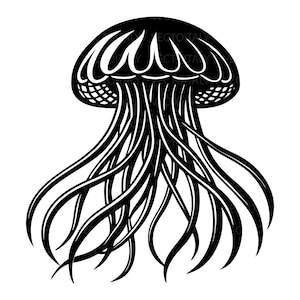 May include: A black and white illustration of a jellyfish with a bell-shaped head and long, flowing tentacles.