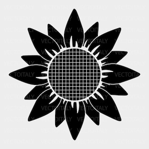 Può includere: Silhouette nera e bianca di un girasole con un motivo a griglia al centro.