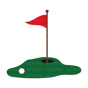 Puede incluir: Ilustración de dibujos animados de un green de golf con una bandera roja en un poste marrón. Una pelota de golf blanca está cerca del hoyo. El green tiene forma redondeada con un agujero oscuro en el centro.