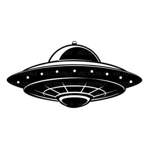 Può includere: Illustrazione in bianco e nero di un disco volante. L'astronave ha una parte superiore e inferiore arrotondata con luci sul perimetro. Il design è in stile retrò, ideale per temi fantascientifici. Grafica vettoriale.