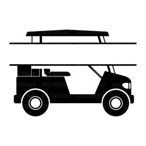 Könnte beinhalten: Eine schwarze Silhouette-Grafik eines Golfwagens mit geteiltem Design und einem horizontalen leeren Bereich in der Mitte zur Personalisierung. Das Design umfasst das Dach, die Räder und die Karosserie, mit dem wiederholten Text VECTOITALY.