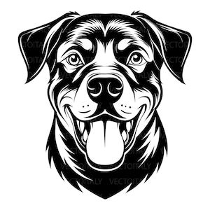 Può includere: Illustrazione grafica in bianco e nero della testa di un cane Rottweiler. Il cane sorride con la lingua di fuori. L'immagine è un design vettoriale, con linee pulite e uno stile grafico audace.