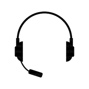 May include: Black and white silhouette of a headset with a microphone. The headset has a curved headband and earcups.