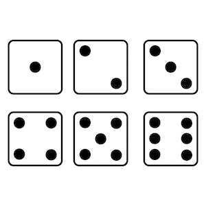 May include: Six white dice with black dots, each displaying a different number from one to six. The dice are square with rounded corners and a black outline. The dots are solid black.